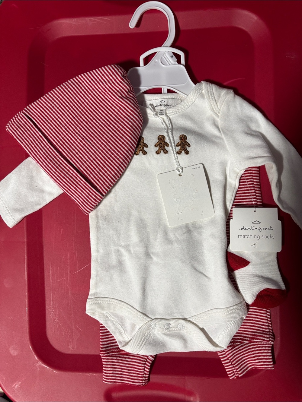 Starting Out White One-Piece with Red Striped Hat & Socks